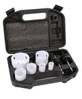Amazon Basics 9-piece bi-metal hole saw kit with case; white hole saws from 25/32 in to 2-11/16 in.