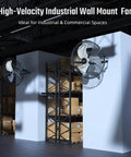Industrial 18 Inch Wall Mount Fan With 4200 CFM High Velocity Airflow in a warehouse setting.