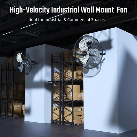 Industrial 18 Inch Wall Mount Fan With 4200 CFM High Velocity Airflow in a warehouse setting.