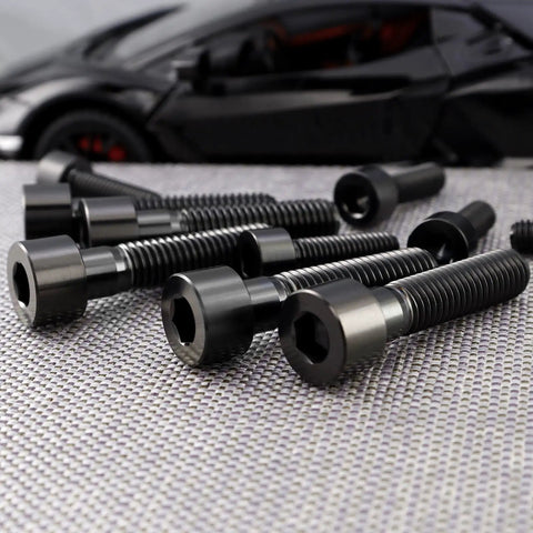 Heavy Duty Titanium Socket Head Bolts M6x1.0x30mm Black Din912 Hex Cap Screws 5 Pack detailed view on textured surface.