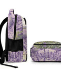 Side view of Purple Flower Valley Printed Unisex Backpack With Large Capacity Durable Polyester Daypack with floral design.