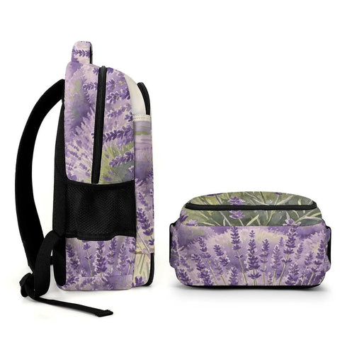 Side view of Purple Flower Valley Printed Unisex Backpack With Large Capacity Durable Polyester Daypack with floral design.