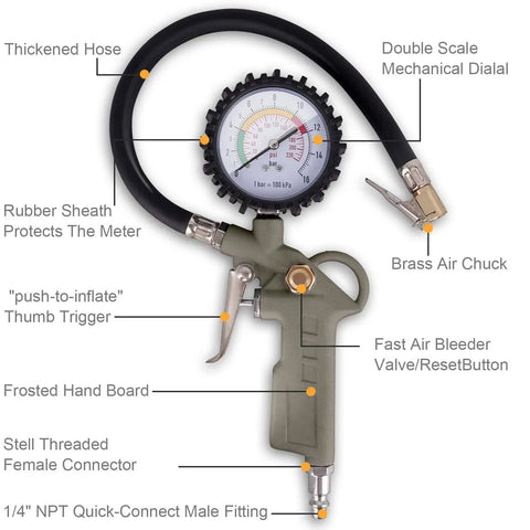 Heavy Duty Tire Inflator With 0-220 PSI Dial Gauge Durable Rubber Hose And Quick Coupler Precision Tire Pressure Tool