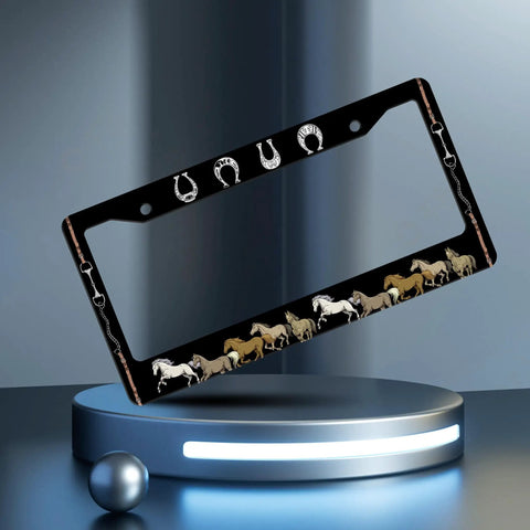 Cool Horseshoe License Plate Frame Personalize Stainless Steel 6x12 Inch Two Holes With Screws For USA And Canada Standard License Plates Durable Weatherproof Funny Design on display.