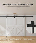 12 Foot Sliding Barn Door Hardware Kit Fits Double Doors Up To 36 Inch Wide Heavy Duty Carbon Steel Track With Premium Ball Bearings Rust Resistant Black Powder Coat And Quiet Smooth Nylon Wheels Easy To Install Doors Not Included, shown installed on white double doors with 3-section track.