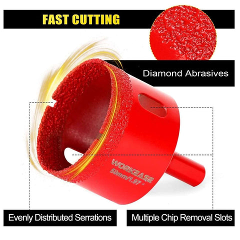 WORKEASE diamond hole saw kit, red 11-piece brazed hollow tile set (0.24-2 in) with double suction guide jig