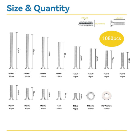 1080 Pcs M3 Screw Set With Stainless Steel Hex Flat Head Countersunk Screws Nuts And Washers In M3 Lengths From 6 Mm To 50 Mm Includes Wrench For DIY Electronics Furniture And Automotive Projects size chart
