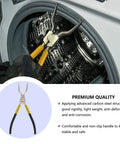 Spring Expansion Tool For LG Front Load Washers Inner And Outer Boot Seal Retaining Ring Replacement Pro Grade With Safety Coated Red Grip Handle in use inside a washing machine drum.