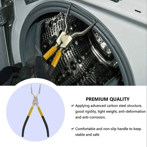 Spring Expansion Tool For LG Front Load Washers Inner And Outer Boot Seal Retaining Ring Replacement Pro Grade With Safety Coated Red Grip Handle in use inside a washing machine drum.