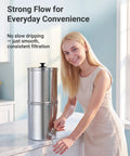 Woman using Gravity Water Filter Replacement For Berkey BB9 2 Black Carbon Filter system in a kitchen setting