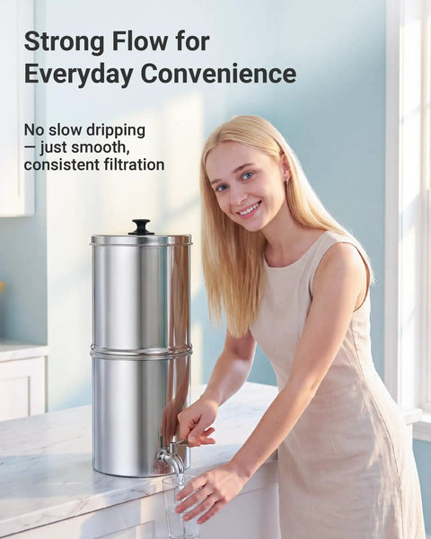 Woman using Gravity Water Filter Replacement For Berkey BB9 2 Black Carbon Filter system in a kitchen setting