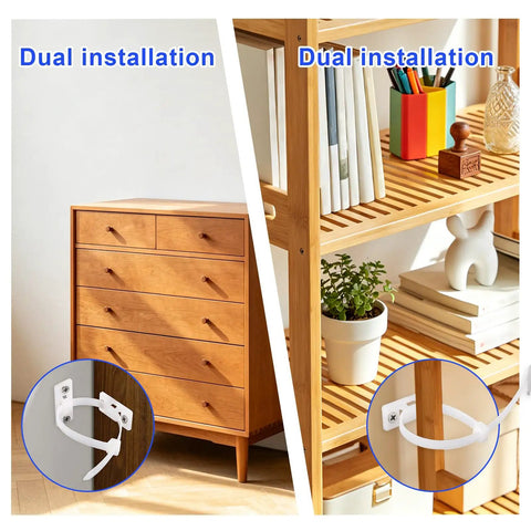 Gotta Secure Your Home Space Fast With This Eight Piece Anti Tip Furniture Anchor Kit featuring dual installation on dressers and shelves.