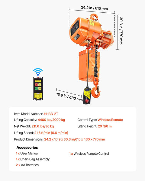 Built Tough Heavy Duty Electric Chain Hoist Up To 4400 Lbs With 20 Ft Lift Height Three Phase Dual Voltage 208 To 240V And 440 To 480V 60Hz Overhead Crane With 328 Ft Wireless Remote G100 Single Chain Lift, with remote and specifications displayed.