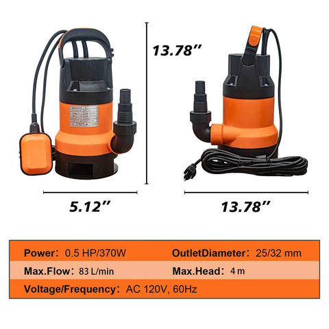 Heavy Duty 0.5Hp Submersible Water Pump With Auto Float Switch showing dimensions of 5.12 x 13.78 inches, used for quick flood drainage.