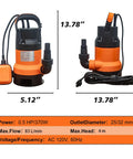 Heavy Duty Submersible Sump Pump With Auto Float Switch And Killer High Flow 0.5Hp Motor dimensions 5.12x13.78 inches shown.