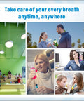 Collage featuring Ultra Portable Inhaler Spacer With Soft Fit Mask For Kids And Adults being used by different individuals in various environments.