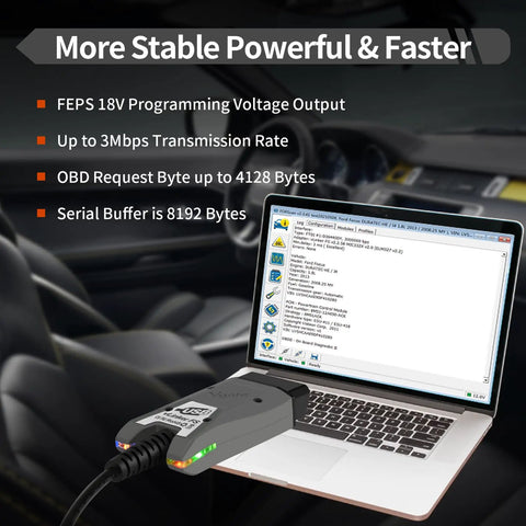 FORScan USB OBD2 Adapter connected to laptop with diagnostic program open for HS and MS CAN auto switch data transfer.