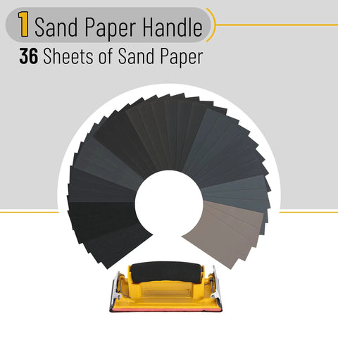 Pro Grade Sandpaper Set With Handle, 36 Sheets, 12 Grits Waterproof Silicon Carbide arranged in a fan, with handle below