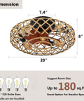 Dimensions of 21 Inch Caged Farmhouse Ceiling Fan With Lights Remote Control, for up to 180 sq. ft. rooms, flush mount.
