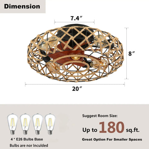 Dimensions of 21 Inch Caged Farmhouse Ceiling Fan With Lights Remote Control, for up to 180 sq. ft. rooms, flush mount.