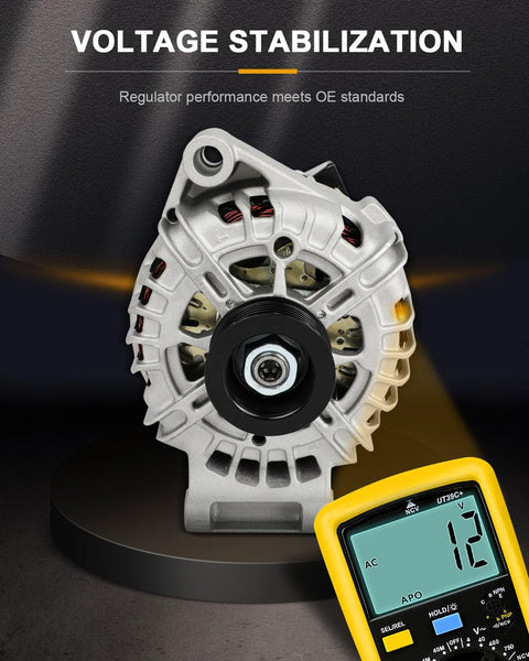 Front view of Drop-In Alternator Replacement for Ford Fiesta 2011-2019, OEM-grade car alternator, showing voltage stabilization.