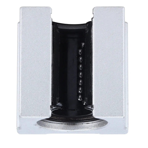 SBR16UU 16MM Aluminum Linear Slide Block With Straight Up Smooth Glide Ball Bearing Bushing For Cnc Routers And 3D Printers close-up view of linear bearing with ball elements.