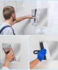 DIY Wall Repair Kit No Pro Needed with 4 Large 12 Inch Self Adhesive Mesh Patches, scraper, and sandpaper in use on wall