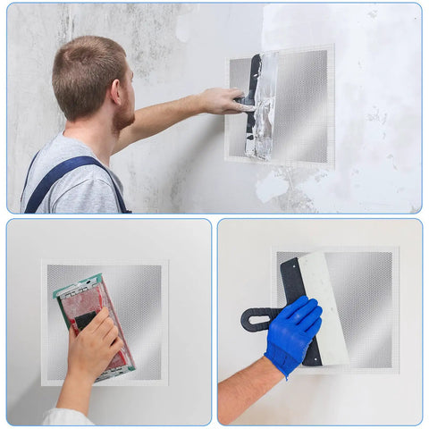 DIY Wall Repair Kit No Pro Needed with 4 Large 12 Inch Self Adhesive Mesh Patches, scraper, and sandpaper in use on wall