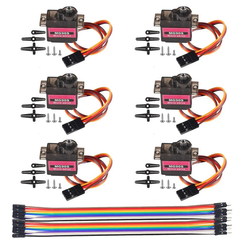 MG90S Micro Servo 9G Geared Servo For RC Hobbyists, 180 Degree Mini Servo Motor With M-F Cable, 6 pack layout with cables