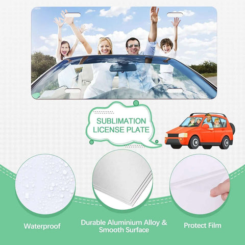 10 Pack Sublimation License Plate Blanks White Aluminum Front Plates For DIY Custom Design Heat Transfer Compatible Front License Tag Durable Anti Corrosion Auto Plate For Most Vehicles shown with happy family driving.