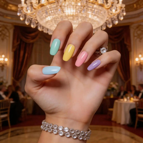 Hand with Six Candy Colors Gel Nail Polish Set HEMA Free TPO Free Soak Off Gel Polish Kit 15ml UV LED Safe in elegant setting