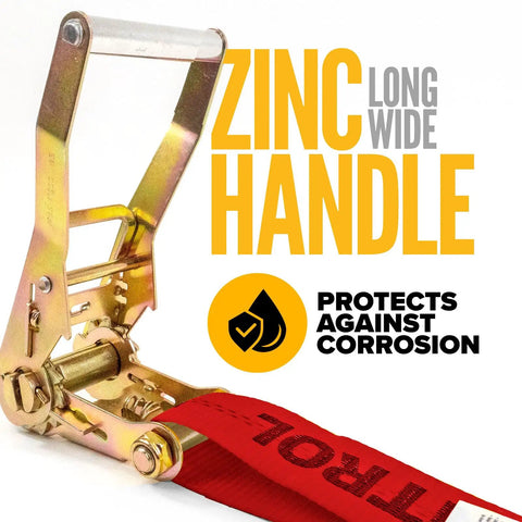 Heavy Duty Red Flat Hook Ratchet Straps Come In A 30 Foot Four Pack With Bull Tight Hold showing zinc long wide handle for corrosion protection.