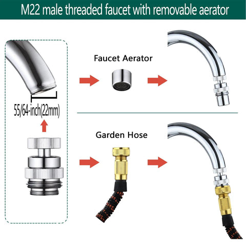 Swivel Faucet Adapter Kit For Garden Hose 360 Degree Rotation Three Quarter Inch GHT Thread Multi Thread Connector For Bathroom Kitchen Portable Washer Balcony Sprinklers No Tools Required Easy Install, M22 22mm chrome brass adapter
