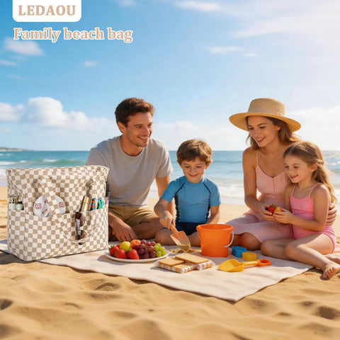 Family enjoying beach picnic with Large Beach Tote Bag For Women Waterproof And Sandproof With Zipper And Wet Pocket Extra Spacious