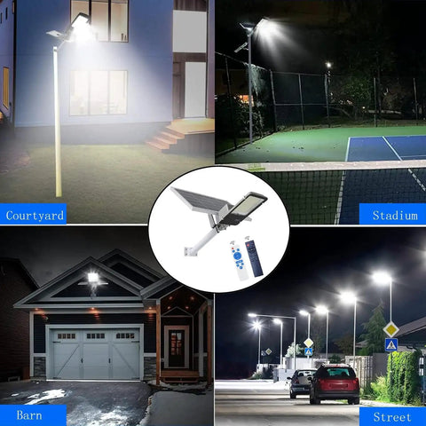 Solar Street Light Outdoor IP65 Security Flood Light with Remote Control illuminating yard, street, barn, and stadium.