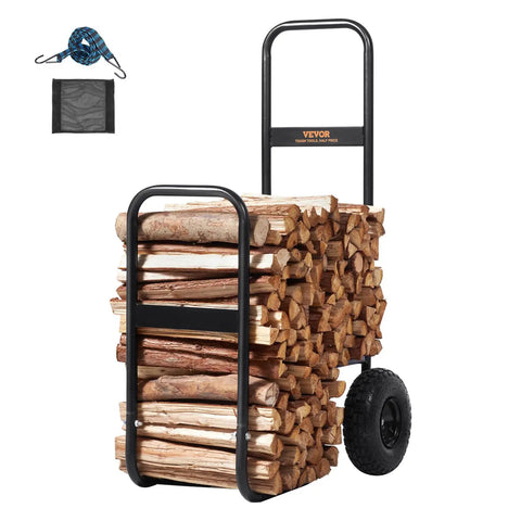 Heavy Duty Log Cart Built Tough For Firewood Up To 250 Lbs With Pneumatic Wheels And Elevated Guardrails Indoor Outdoor Steel Dolly