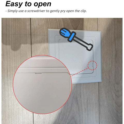Wood Grain Self Adhesive Access Panel For Plumbing Electrical Hvac Wall Cover With Slick Snap Latch, showing easy pry open clip detail.