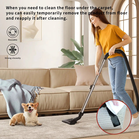 A woman vacuuming a carpet with a close-up of No Slip Rug Gripper Pads For Hardwood Floors And Tiles, Washable and Heavy Duty Adhesive, 8 Pack.