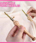 Person holding adjustable punch needle embroidery kit with wooden handle for beginners, no fuss DIY needle tool for creating crafts.