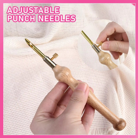 Person holding adjustable punch needle embroidery kit with wooden handle for beginners, no fuss DIY needle tool for creating crafts.