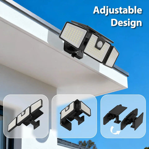 Installed Beefy Three Head Solar Motion Sensor Flood Light Outdoor Waterproof 3000 Lumen 156 LED Security Spotlight For Patio Garage Yard Entryways Solar Powered 2 Pack Black on roof corner.