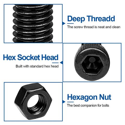 Close-up of M3 Hex Socket Head Cap Screws Kit with details: deep thread, hex socket head, and hexagon nut.