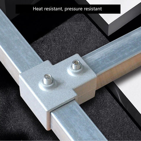 Heavy Duty Three Way Elbow Pipe Connector For Industrial Shelving And Fence Rails Made Of Super Strong Aluminum Alloy For Solid DIY Storage Build attached to square tubes.
