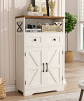 White Farmhouse Storage Cabinet With Barn Doors And Shelves, Space Saving Tall Kitchen Pantry And Coffee Bar Hutch, Rustic Modern White Finish