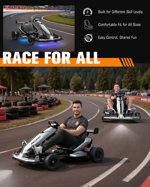 Teens racing McLaren Licensed 48V Electric Go Kart for Teens 14 Plus with Handbrake, 3 Speed Transmission on track
