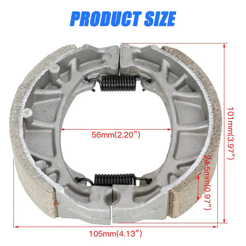 Rear Drum Brake Shoes Replacement For Mini Bikes And Scooters 105mm showing dimensions and springs included