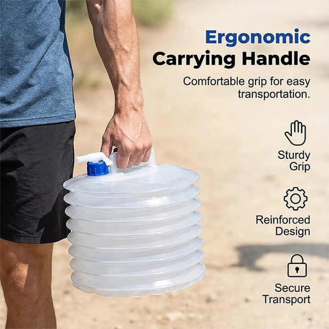 Collapsible Water Jug With Spigot 10 Liter Foldable Camping Bottle BPA Free Portable Water Storage Cube With Handle being carried