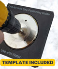 Drilax 4-1/2in diamond hole saw with guide attached to a drill, cutting tile; template included.