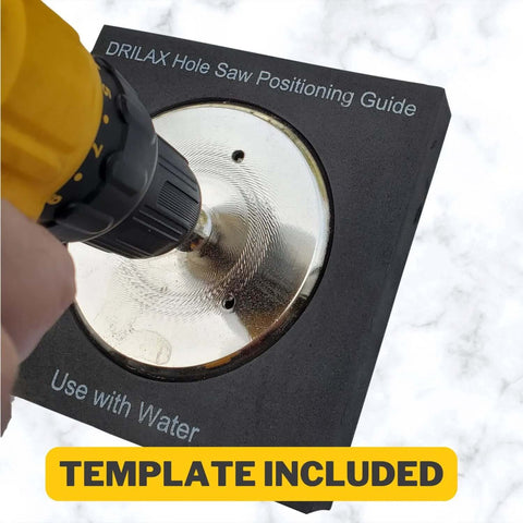 Drilax 4-1/2in diamond hole saw with guide attached to a drill, cutting tile; template included.