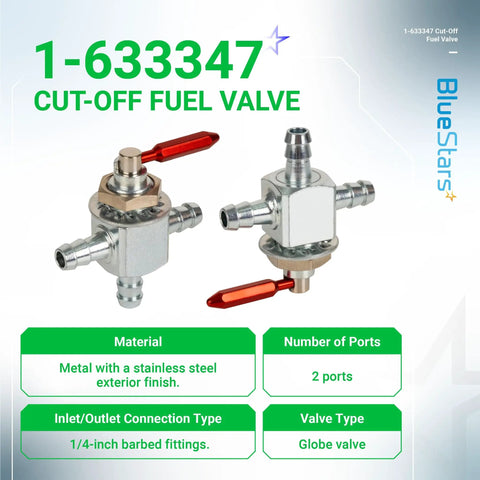1-633347 Cut Off Fuel Valve With In Line Filter Kit Two Way One Quarter Inch Barbs Steel Petcock on display